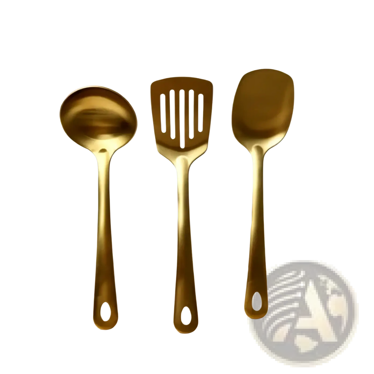 Set of three gold kitchen utensils stainless steel ladle slotted spatula and solid spoon with hole-cut handles