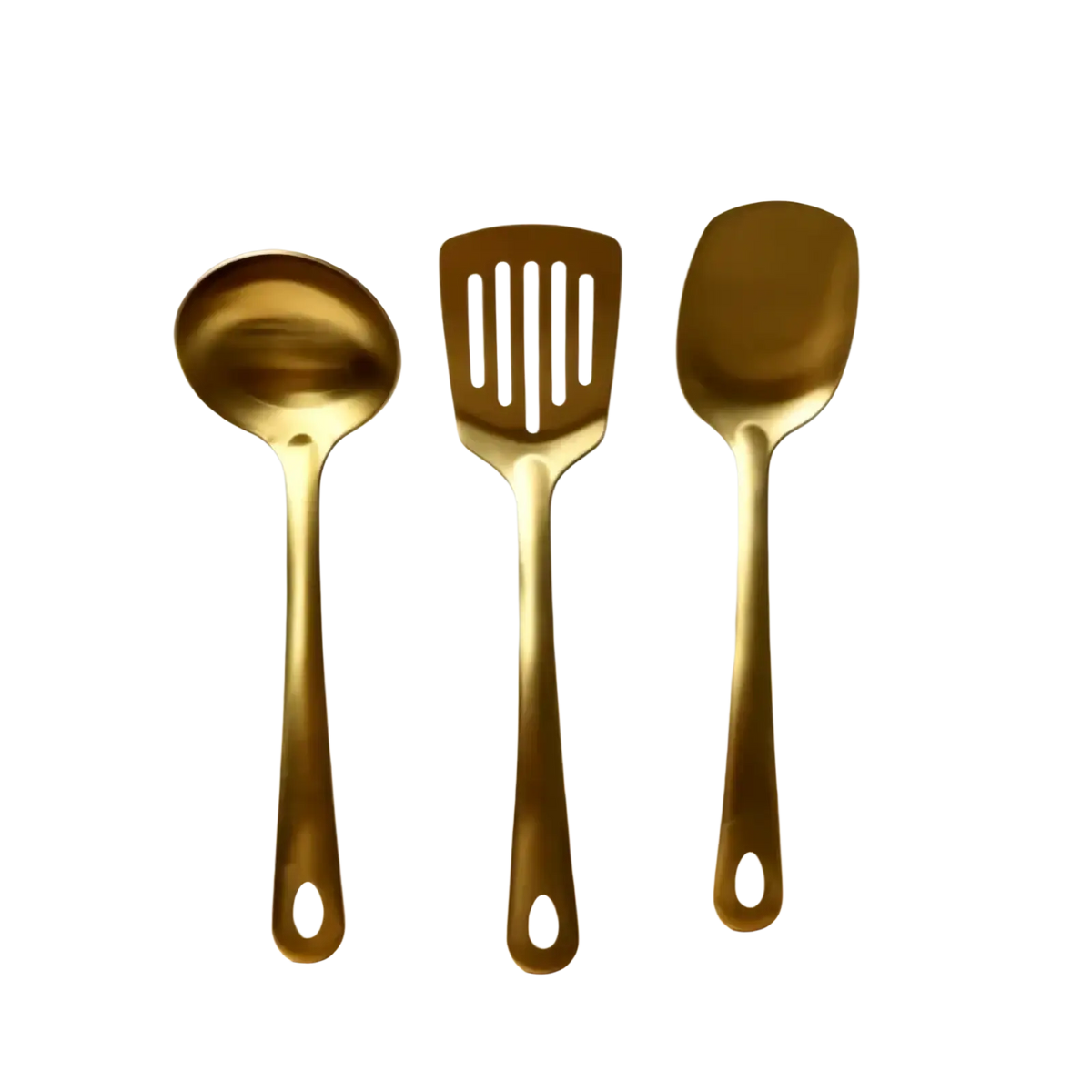 Set of three gold kitchen utensils made of stainless steel including a ladle slotted spatula and solid spoon with hanging hole