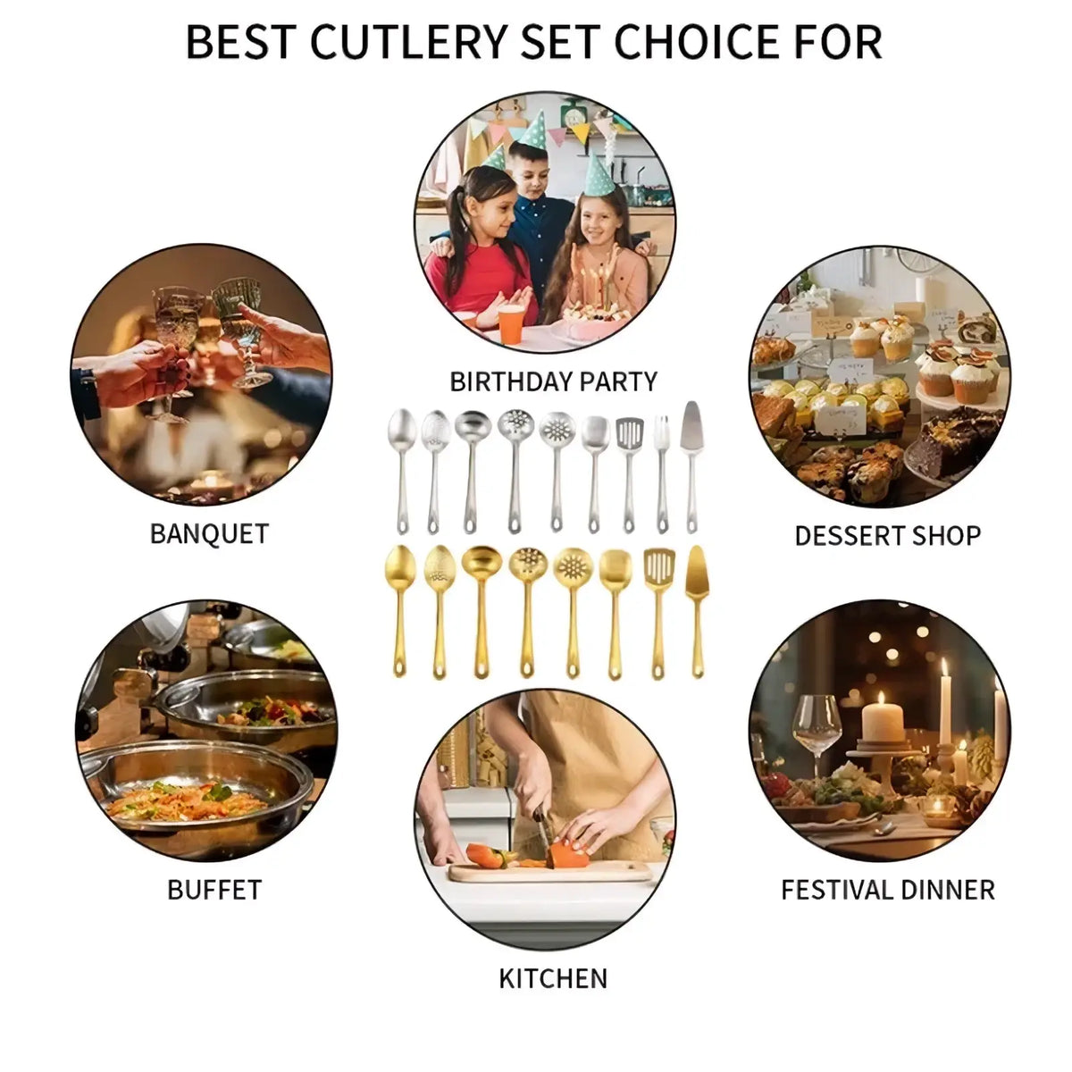 Stainless steel gold-toned kitchen utensil set with various cutlery for versatile cooking and dining occasions