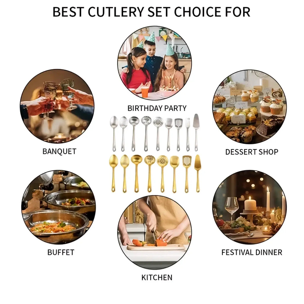 Stainless steel gold-toned kitchen utensil set with various cutlery for versatile cooking and dining occasions
