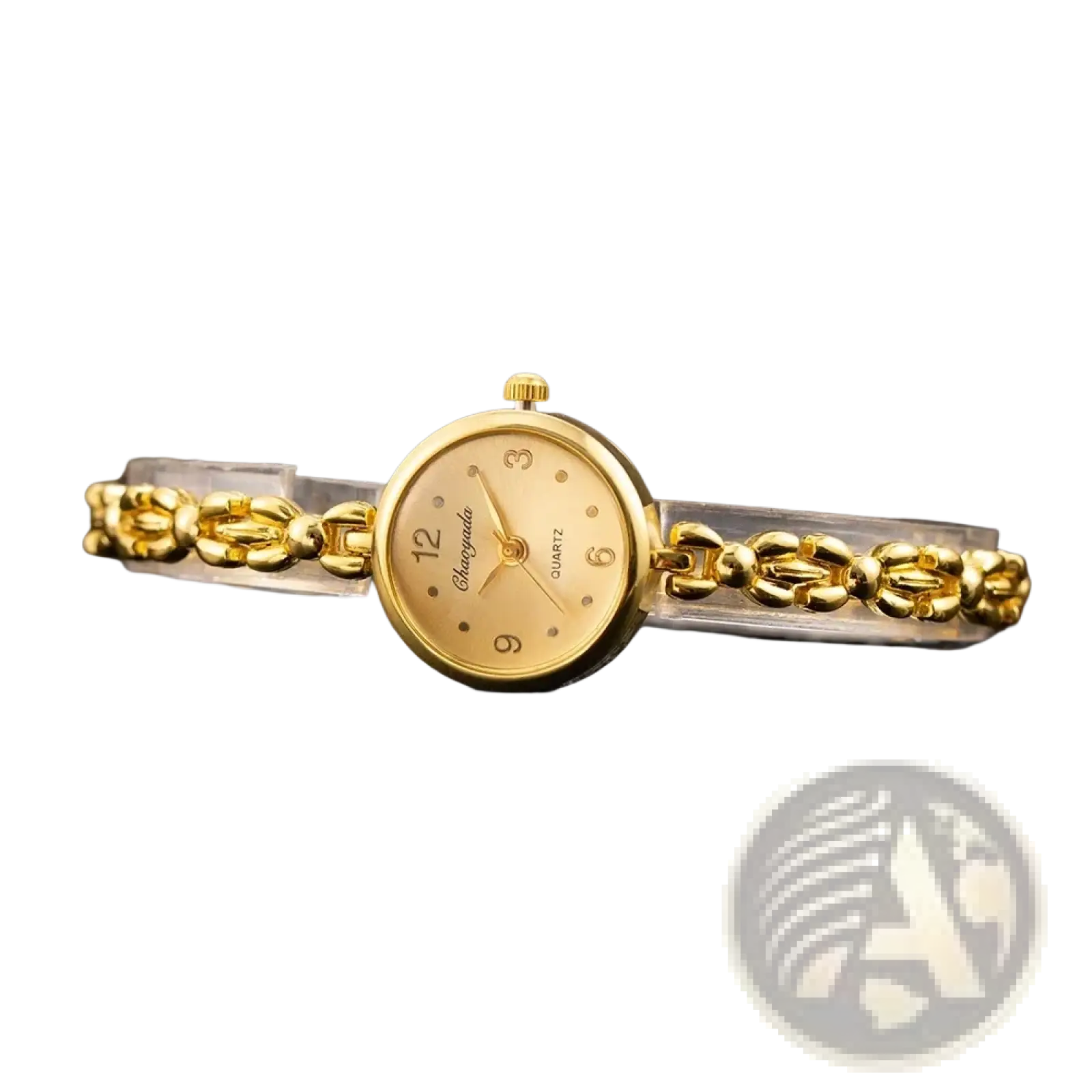 Gold ladies bracelet watch with small gold-toned quartz dial and delicate chain-link bracelet featuring numeral markers