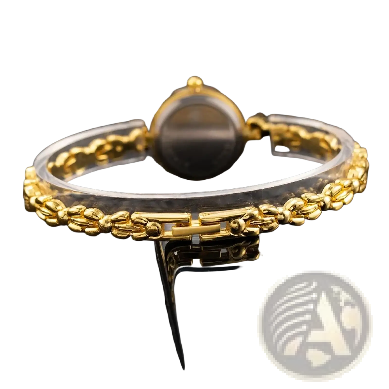 Gold ladies bracelet watch with a small dial quartz movement and gold-toned braided chain with clear plastic clasp