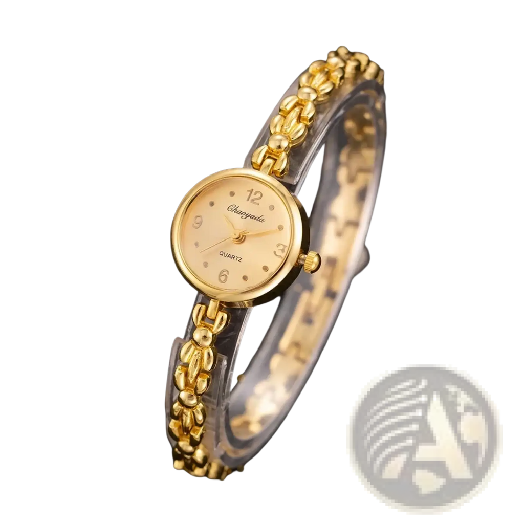 Gold ladies bracelet watch small dial quartz wristwatch with gold-toned round face and clear beaded bracelet