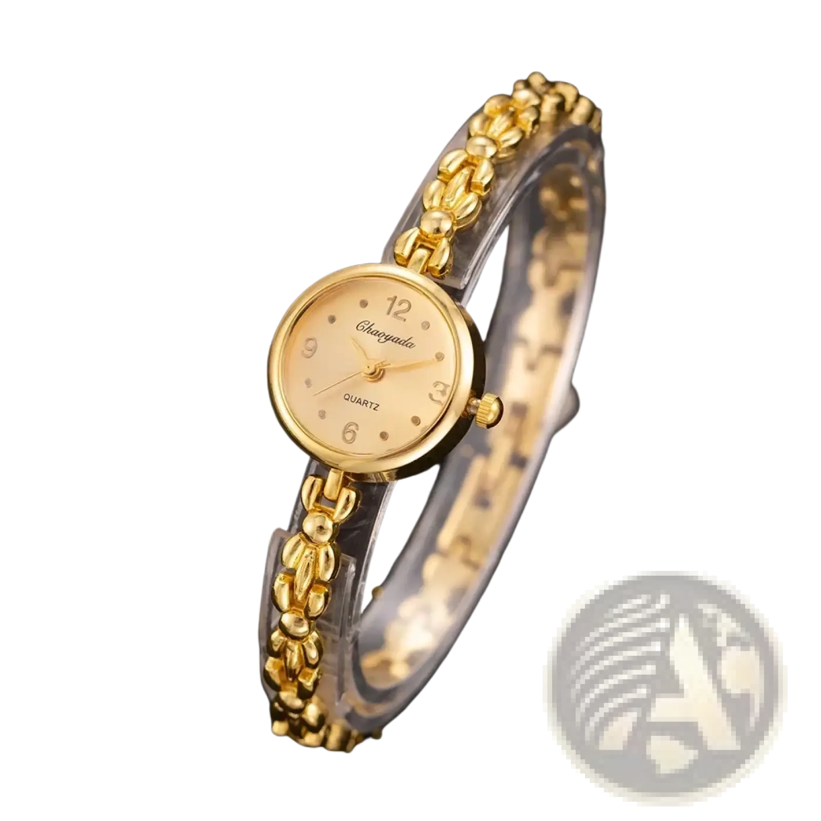 Gold ladies bracelet watch small dial quartz wristwatch with gold-toned round face and clear beaded bracelet