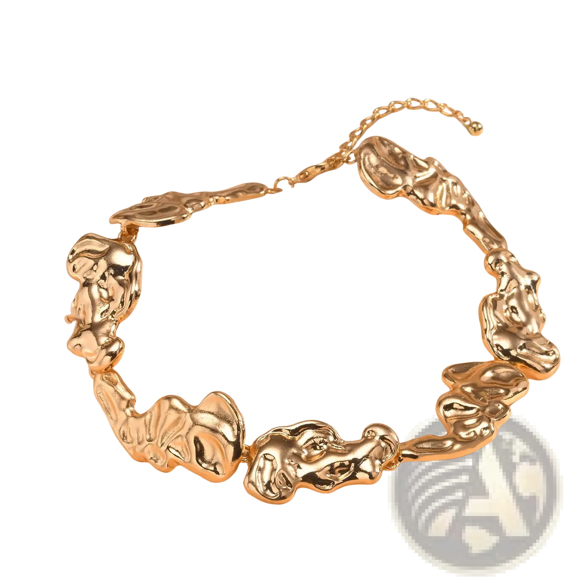 Gold lava choker necklace featuring gold-toned abstract sculptural links with irregular organic shapes and a delicate chain clasp
