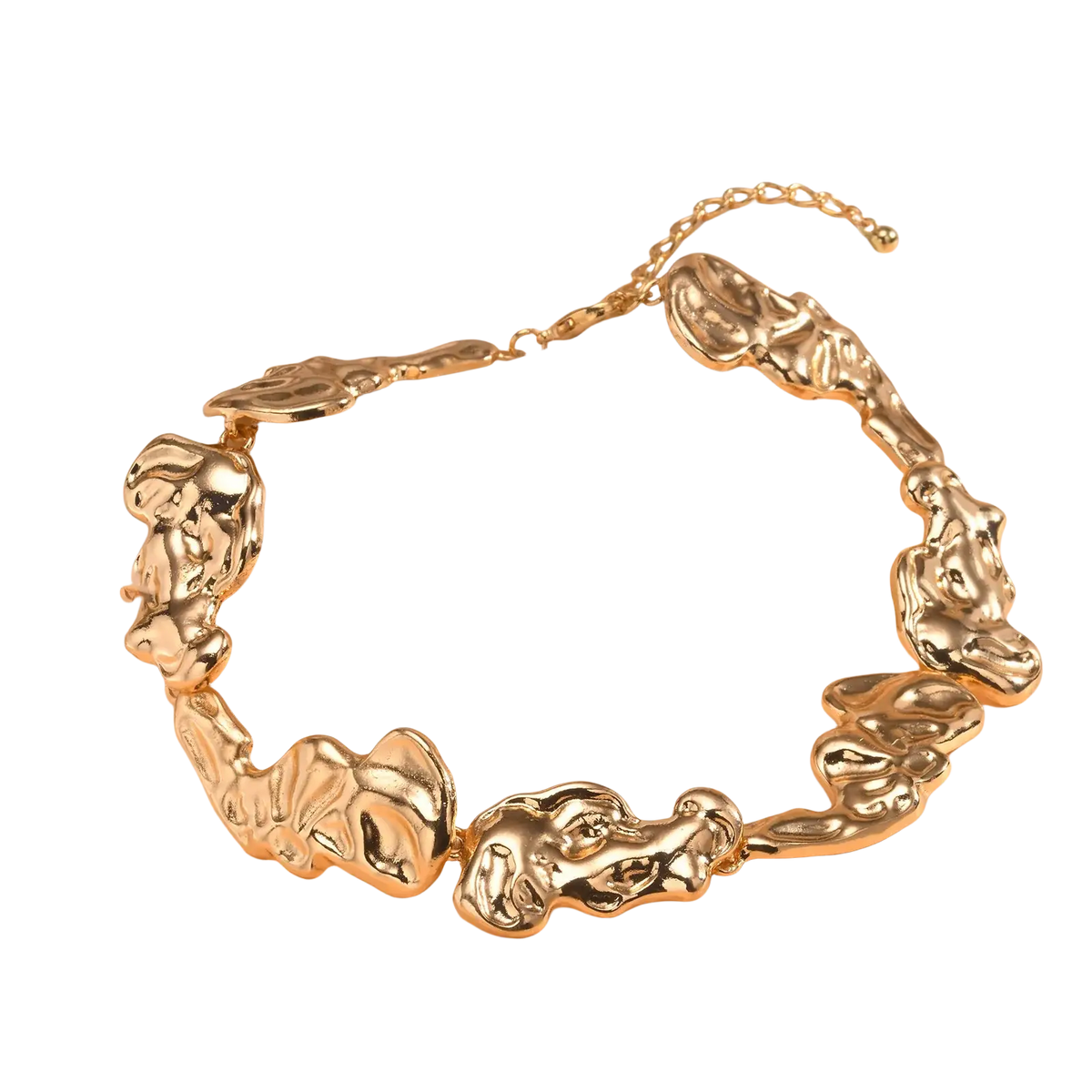 Gold lava choker necklace featuring gold-toned abstract sculptural links with irregular organic shapes and a delicate chain clasp