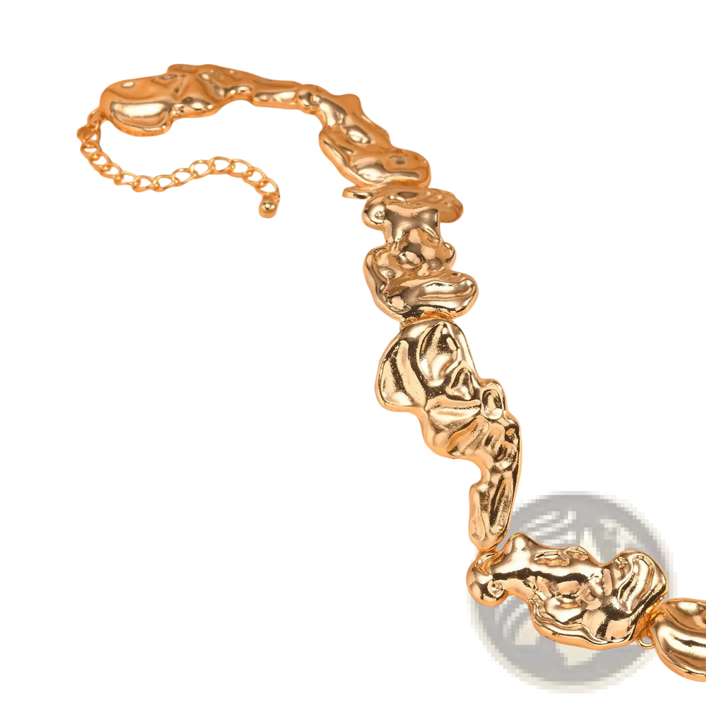 Gold lava choker necklace featuring gold-toned sculptural abstract face charms with a textured molten-metal finish
