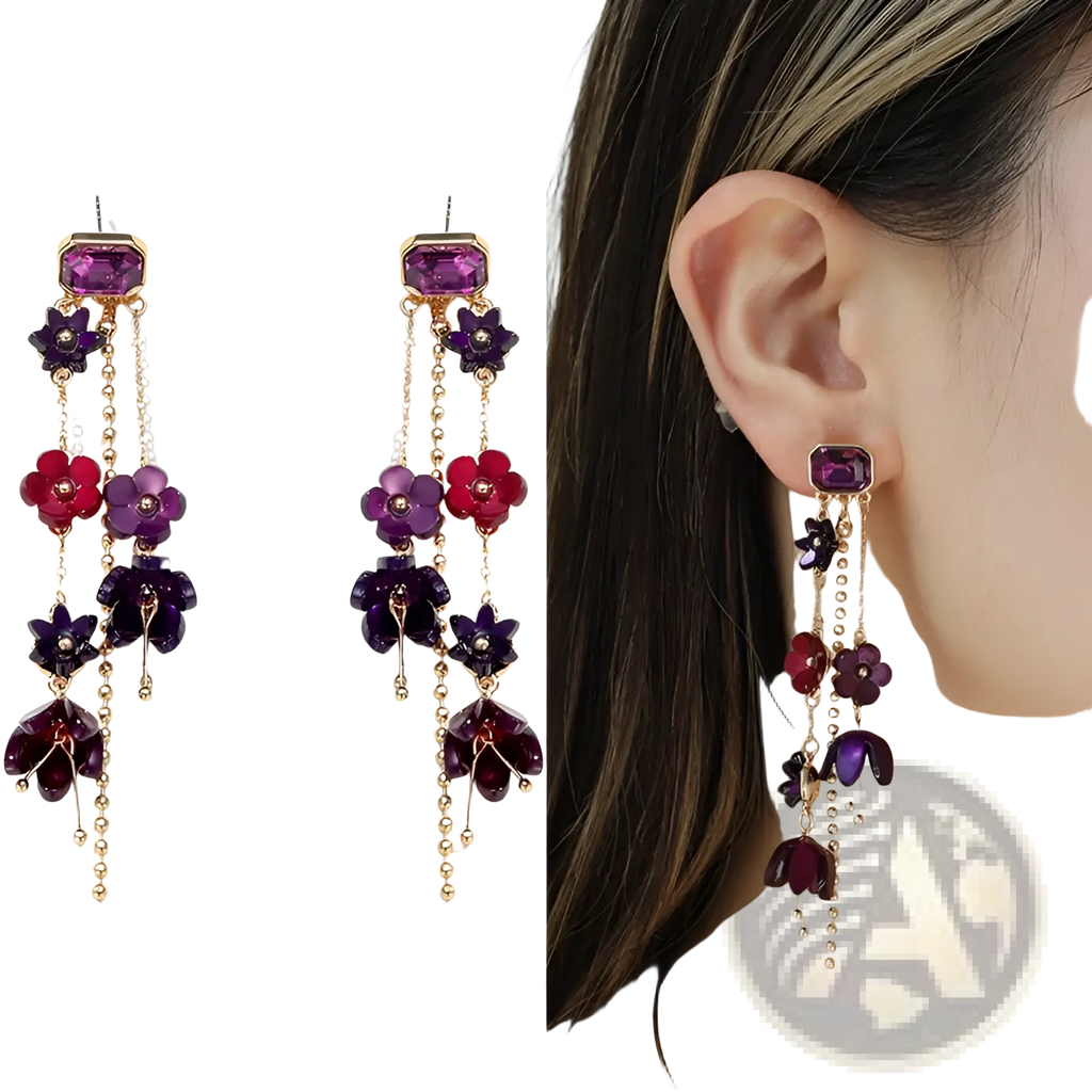 Elegant gold layered choker with red and purple acrylic flowers and dangling floral charm earrings in gold-toned chains