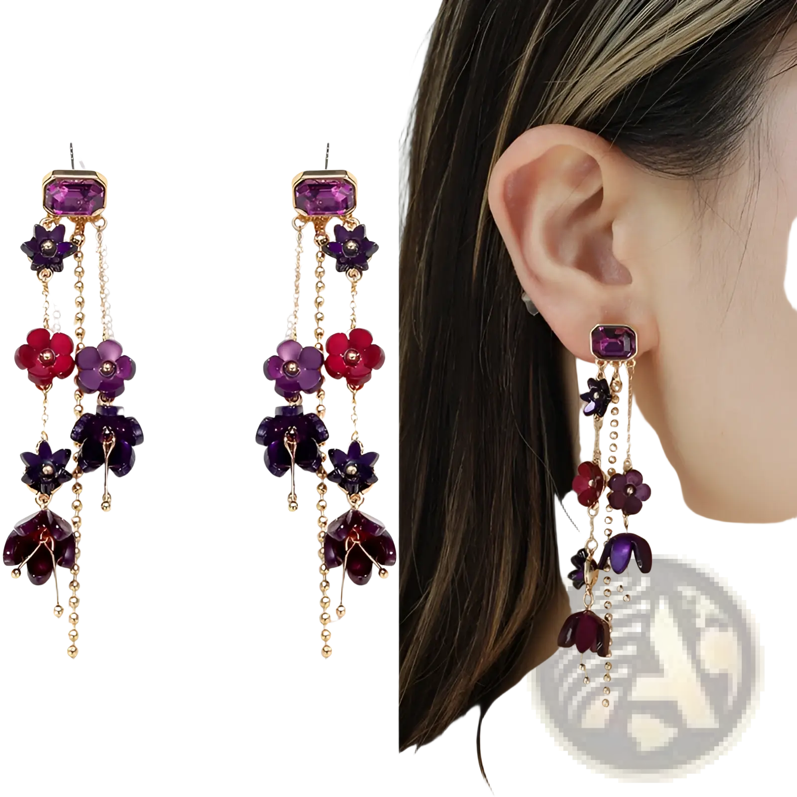 Elegant gold layered choker with red and purple acrylic flowers and dangling floral charm earrings in gold-toned chains