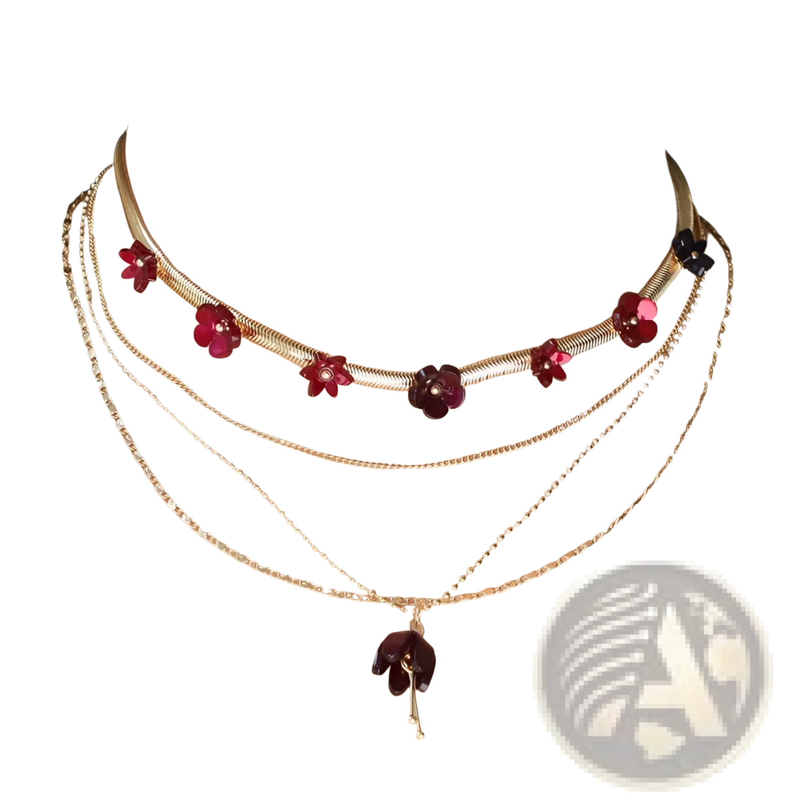 Gold layered choker necklace featuring acrylic red and dark purple floral charms in a layered design