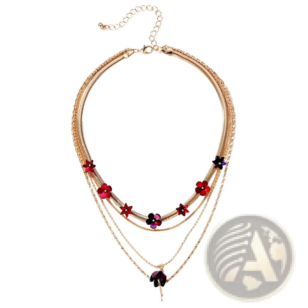 Gold layered choker necklace with gold-toned chain and red and black acrylic floral charms in a delicate design