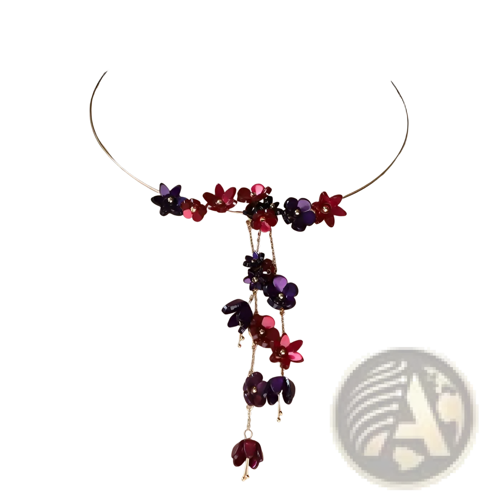 Gold layered choker necklace with cascading glossy red and purple acrylic flower charms in a delicate design