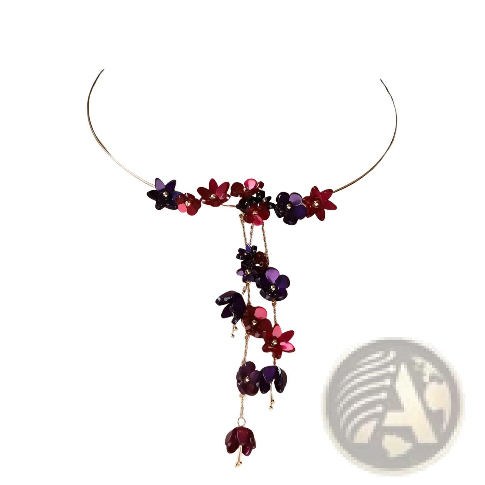 Gold layered choker necklace with cascading glossy red and purple acrylic flower charms in a delicate design