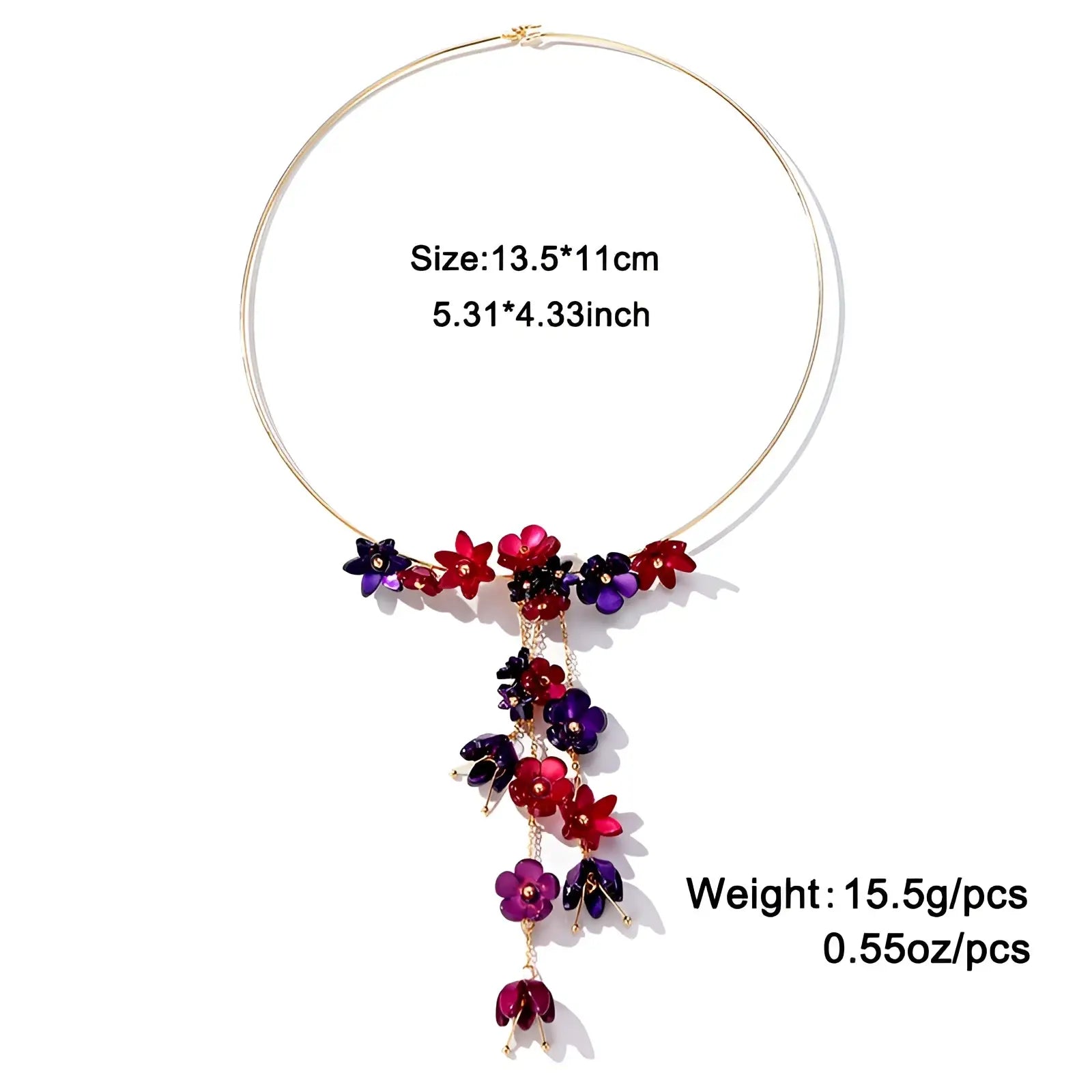 A gold layered choker necklace featuring delicate red and purple acrylic floral charms cascading elegantly