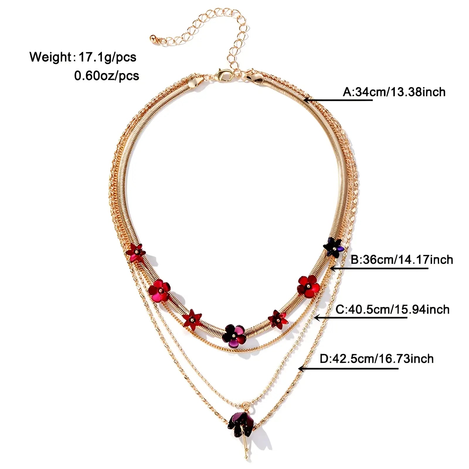 Gold layered choker necklace with three gold chains featuring red and black acrylic floral charms