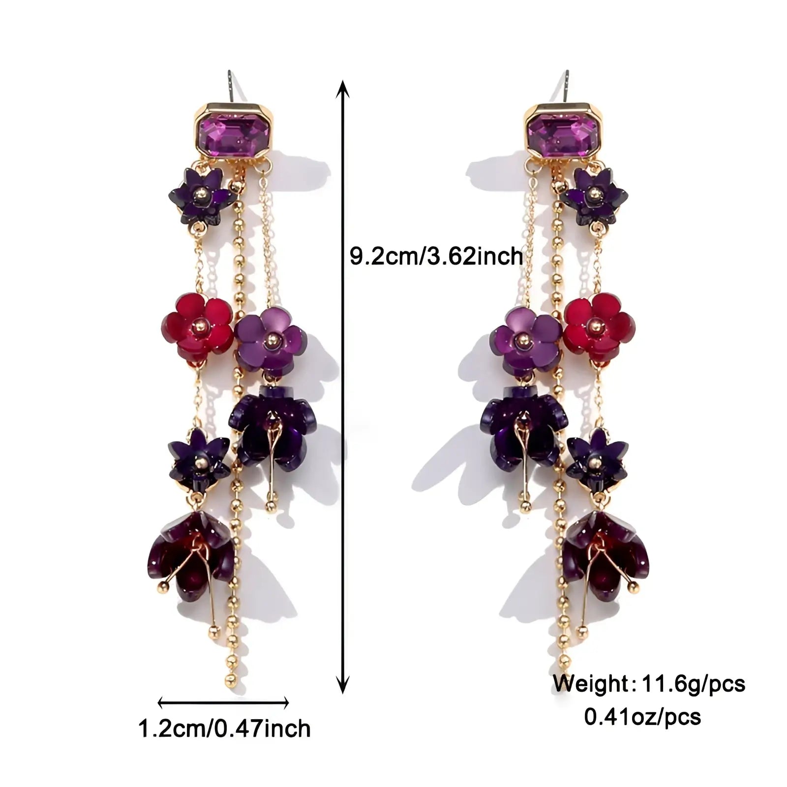 Gold layered choker featuring purple and red acrylic flowers with cascading flower earrings and gold-toned chains