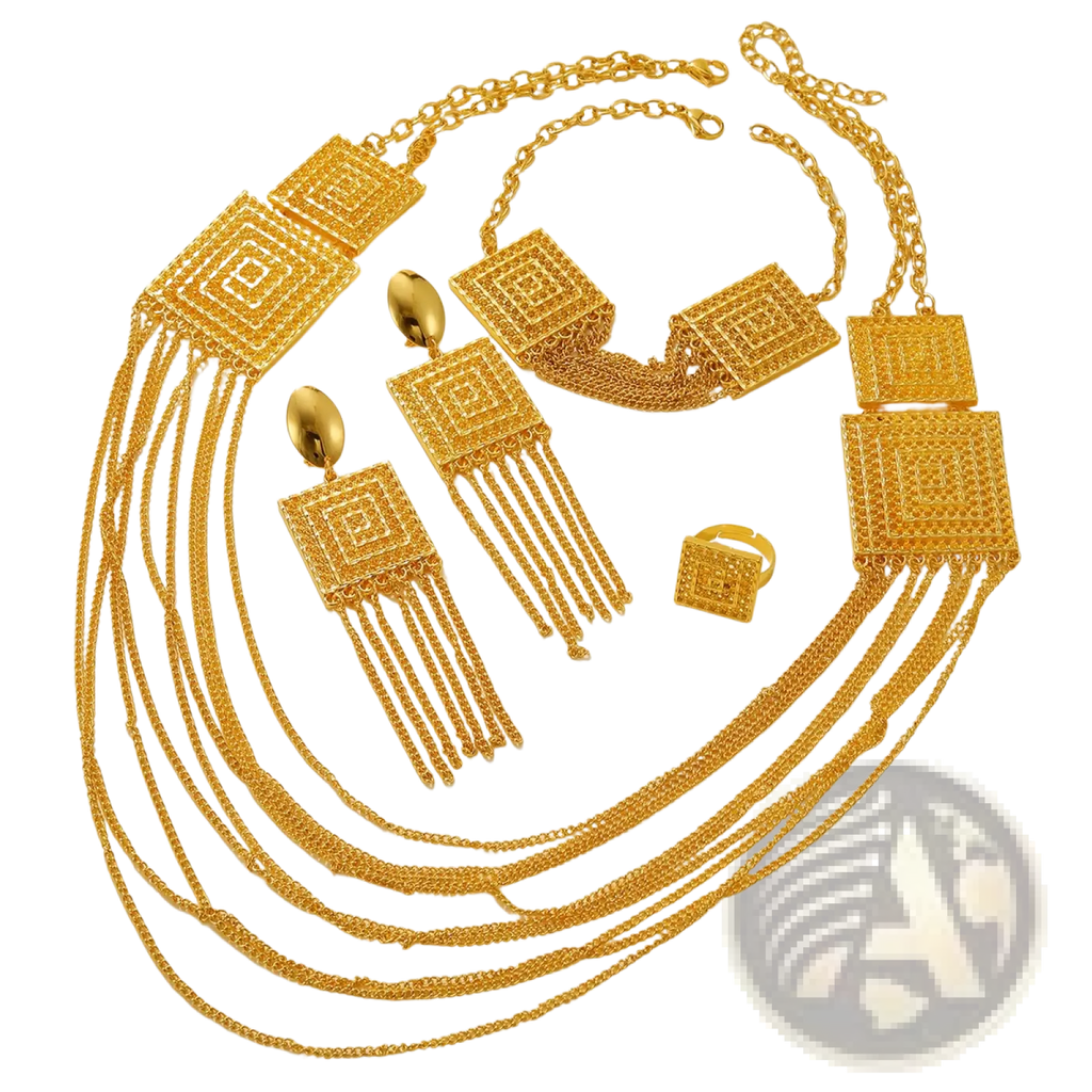 Gold layered tassel necklace and jewelry set featuring golden geometric layered chains with square pendant details