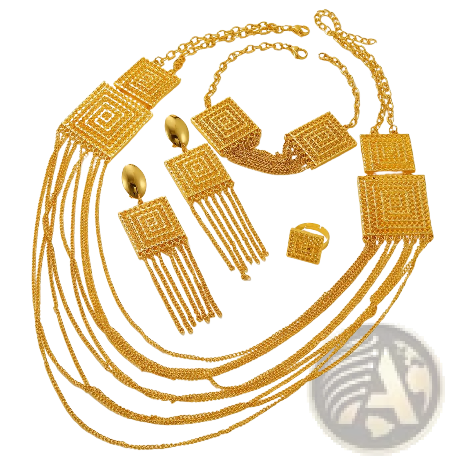 Gold layered tassel necklace and jewelry set featuring golden geometric layered chains with square pendant details