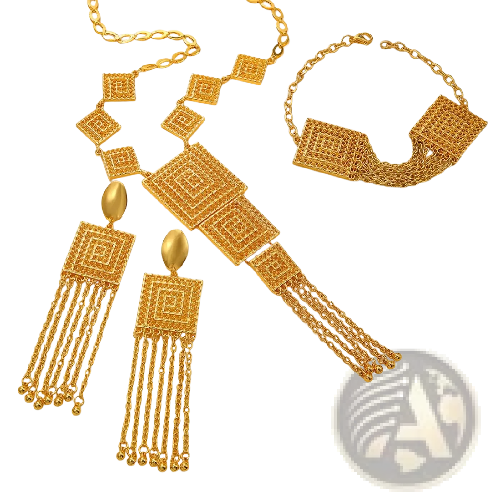 Gold layered tassel necklace and jewelry set featuring gold-colored geometric design with dangling chain tassels and matching bracelet