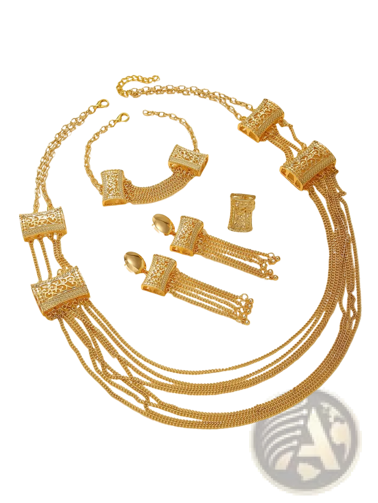 Gold layered tassel necklace and jewelry set featuring gold-toned intricate chains and ornate rectangular pendants with fringe