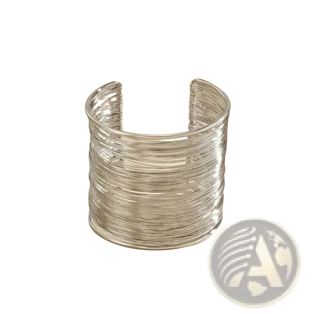 Silver wire cuff bracelet with layered textured design displayed as part of gold layered wire cuff collection