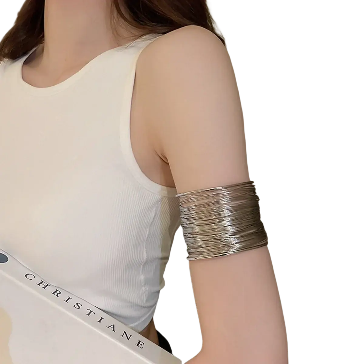 Silver metallic bangle cuff bracelet with stacked layered design worn on arm from gold layered wire cuff collection