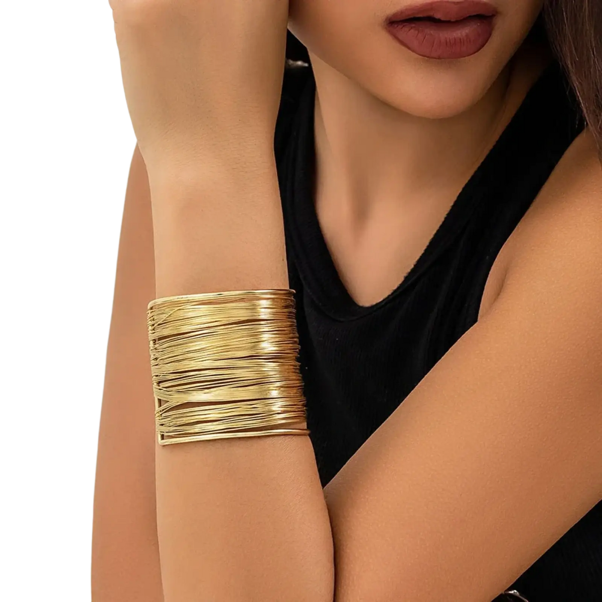 Gold layered wire cuff bracelet featuring a bold stacked design in gold tone for elegant wristwear