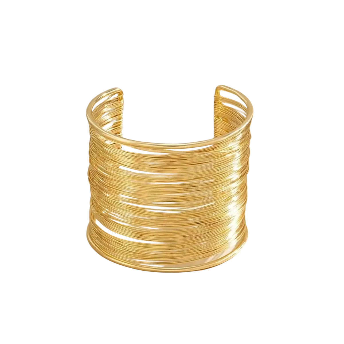 Gold layered wire cuff bracelet featuring multiple thin twisted gold-toned wires in a bold, layered design