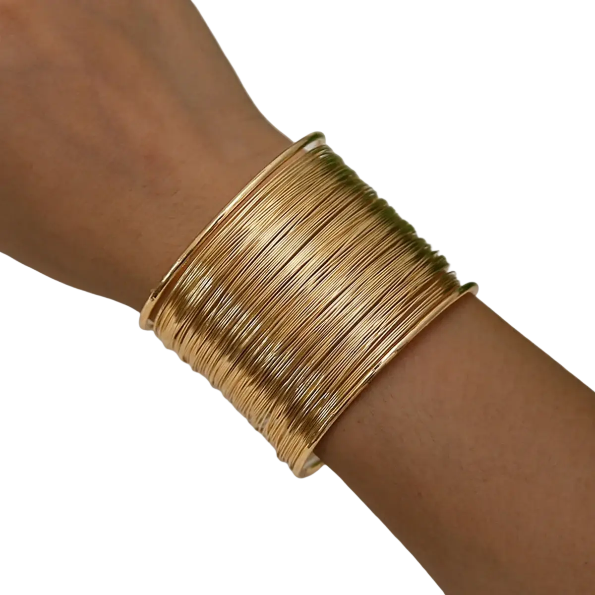 Gold layered wire cuff bracelet in gold tone featuring sleek multi-layered stacked bangle design