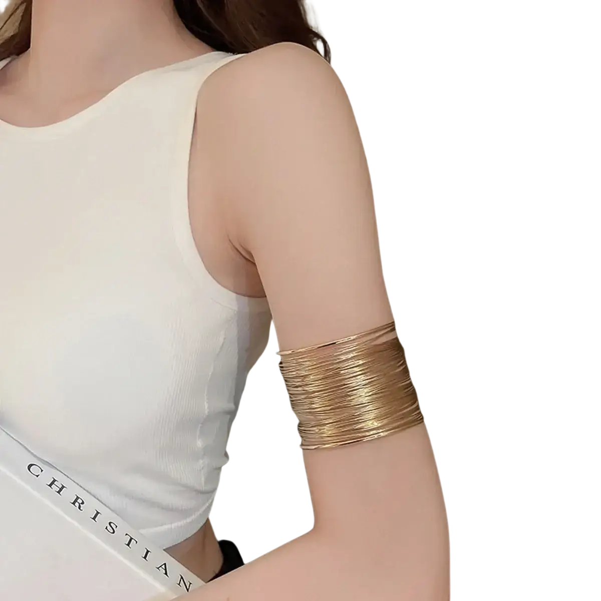 Gold-toned layered wire cuff bracelet featuring stacked bangle design worn as a stylish cuff bracelet on the arm