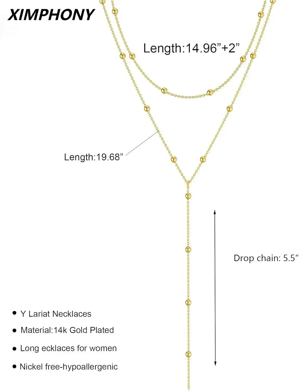 Delicate gold plated y lariat necklace for women with three layered chains and small spherical beads