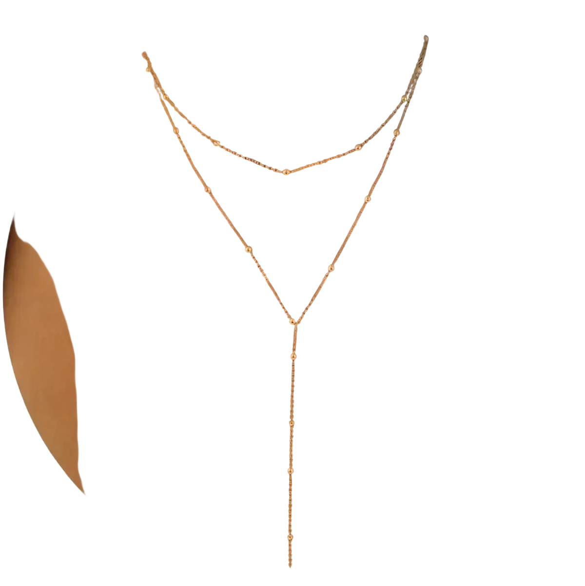 A delicate rose gold layered y necklace for women with a v-shaped design and small spherical beads along the chains