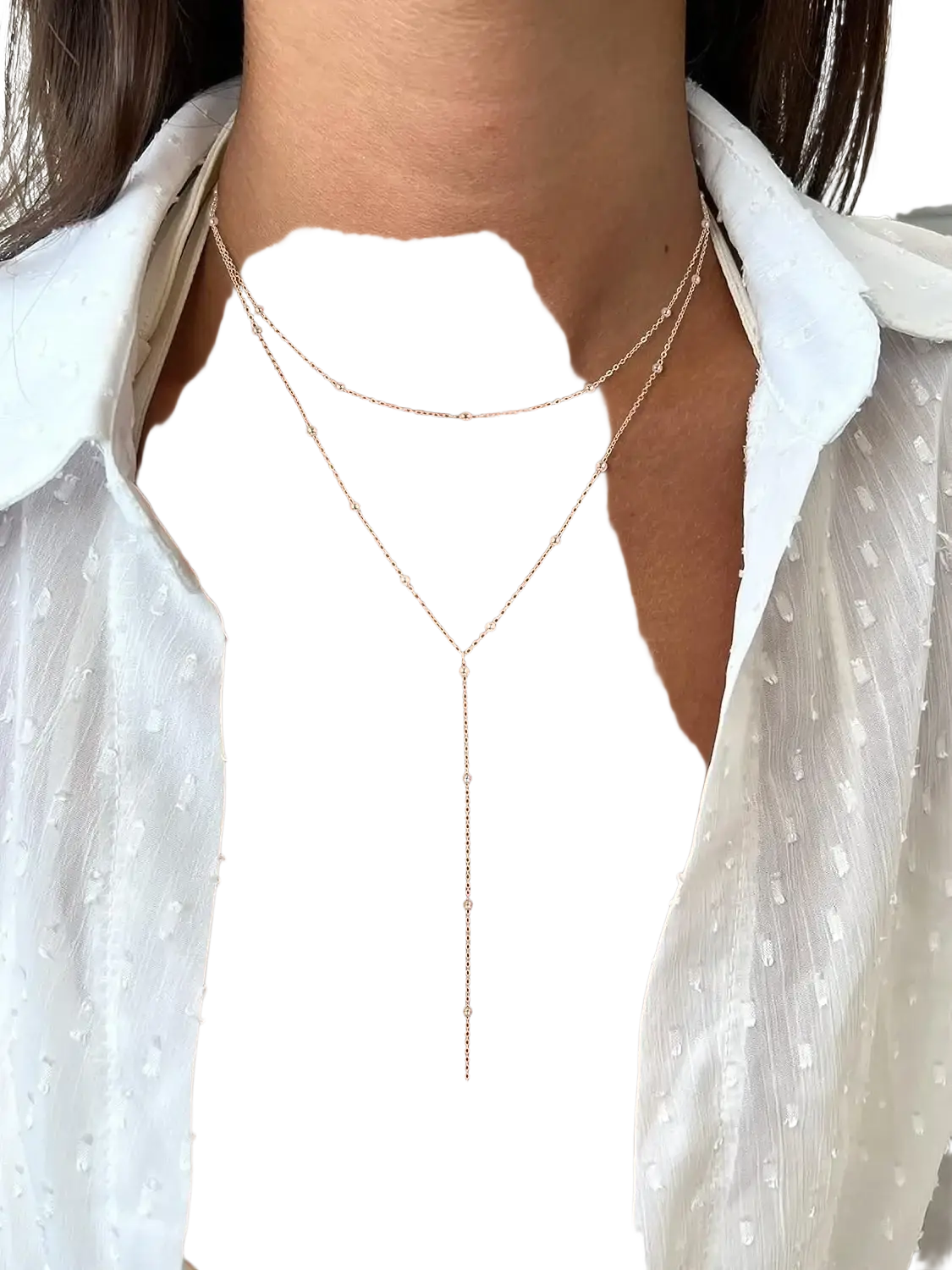 Gold layered y necklace for women featuring a delicate gold-toned v-shaped pendant with bead accents and a long chain