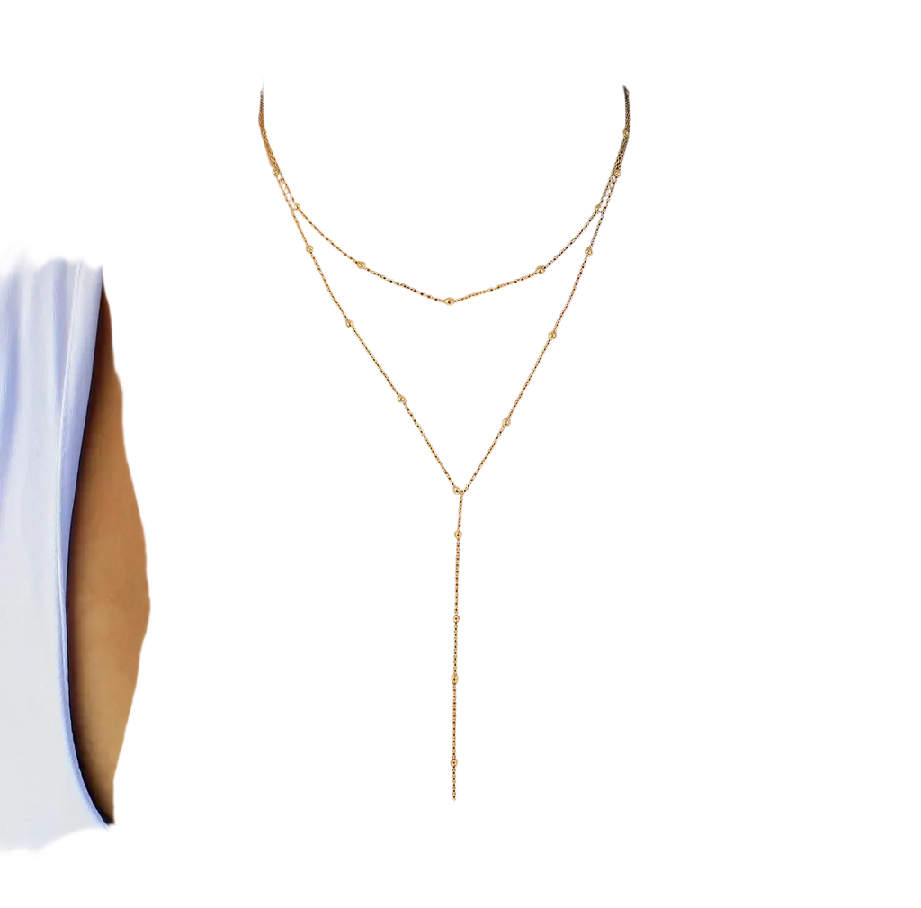 Gold layered y necklace for women featuring a delicate gold-toned lariat design with small spherical beads