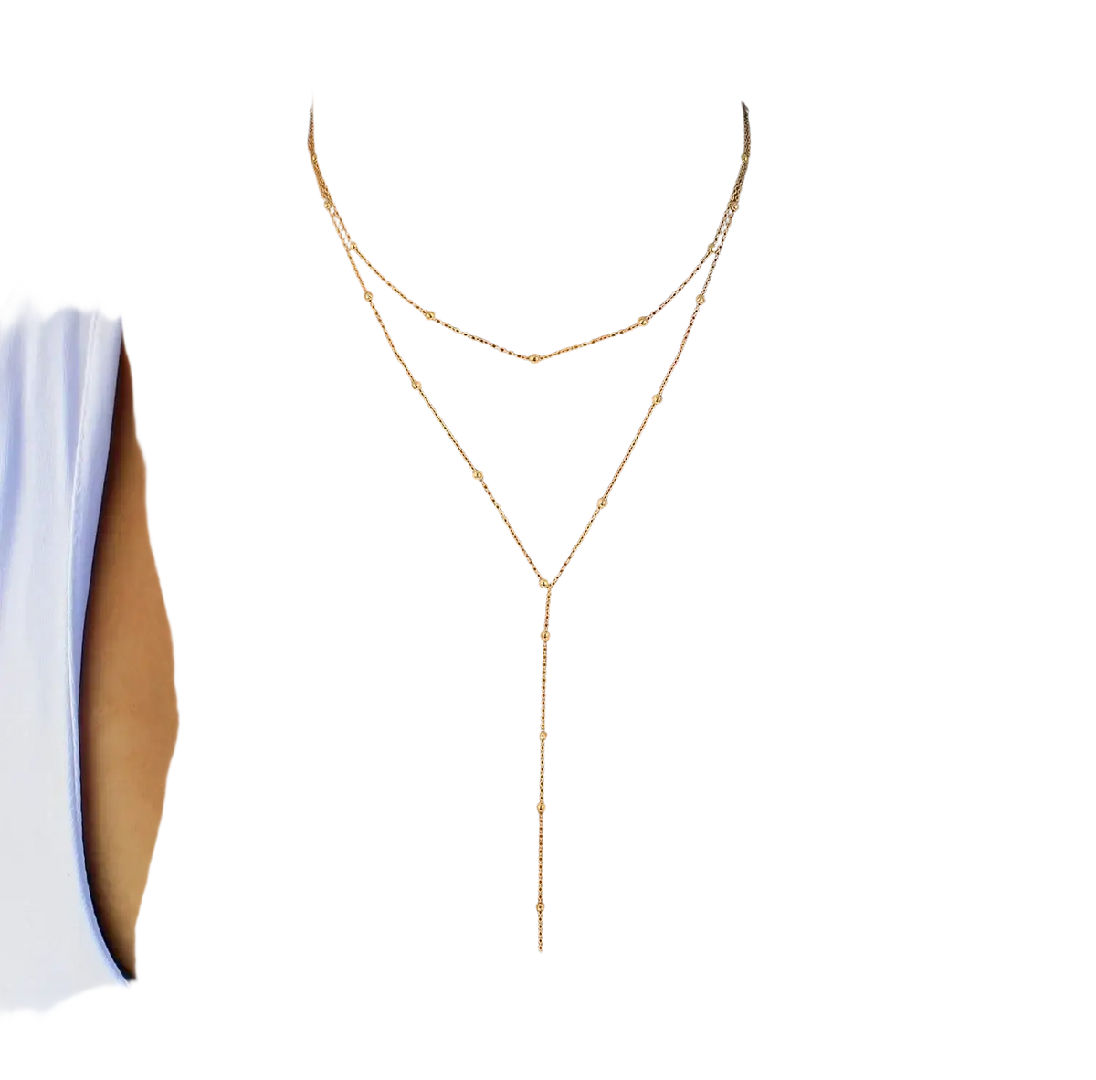Gold layered y necklace for women featuring a delicate gold-toned lariat design with small spherical beads