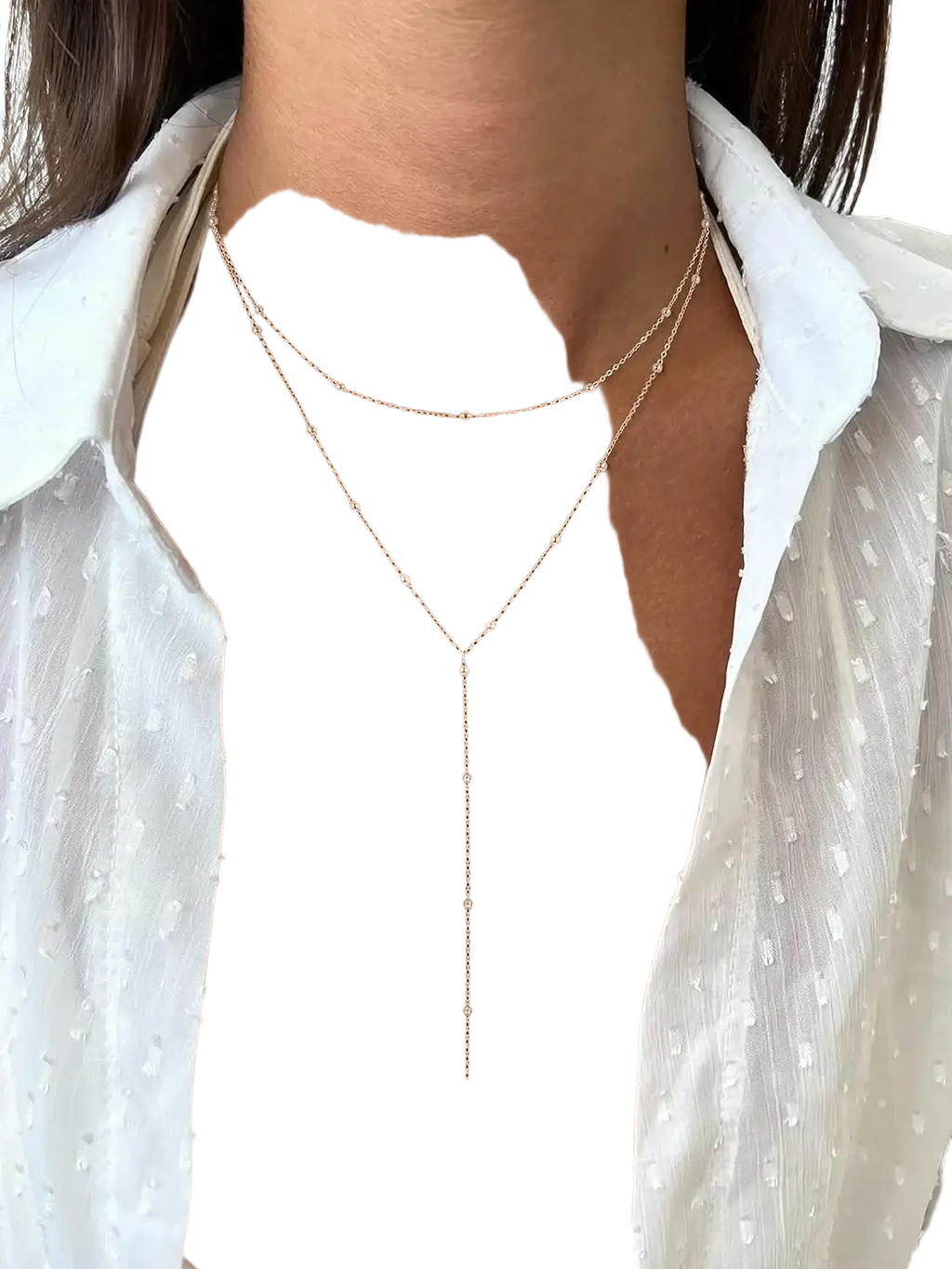 Gold layered y necklace for women with delicate gold-toned v-shaped pendant and small spherical beads along chain
