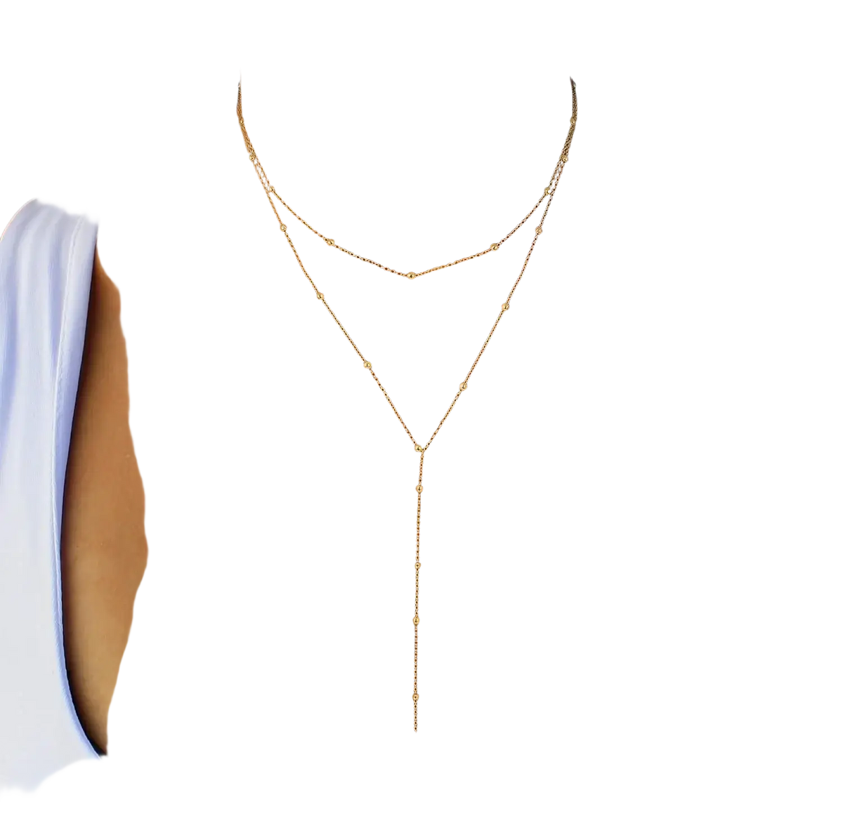 Delicate gold layered y necklace for women with fine chains and small spherical beads in gold tone