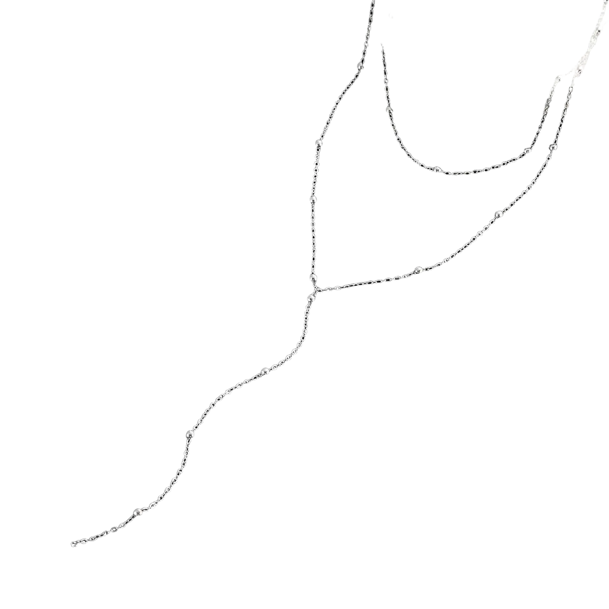 Silver double-layered chain necklace with delicate ball accents for women in a gold layered y style