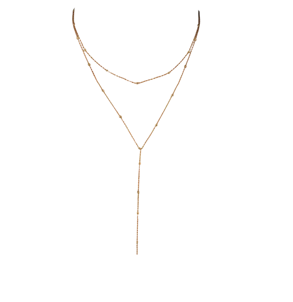 Gold layered y necklace for women featuring gold-toned delicate chain with small spherical beads