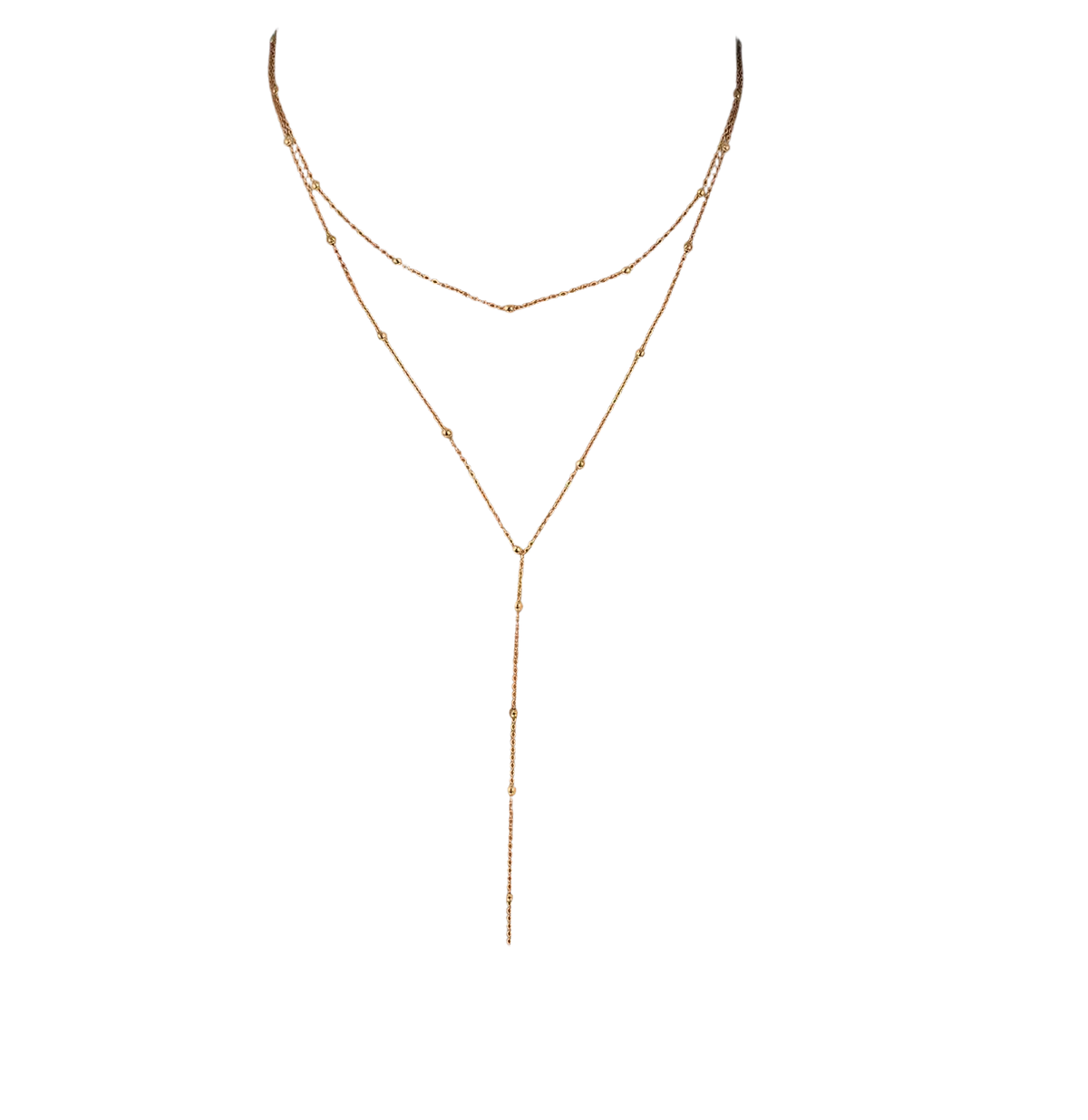 Gold layered y necklace for women featuring gold-toned delicate chain with small spherical beads