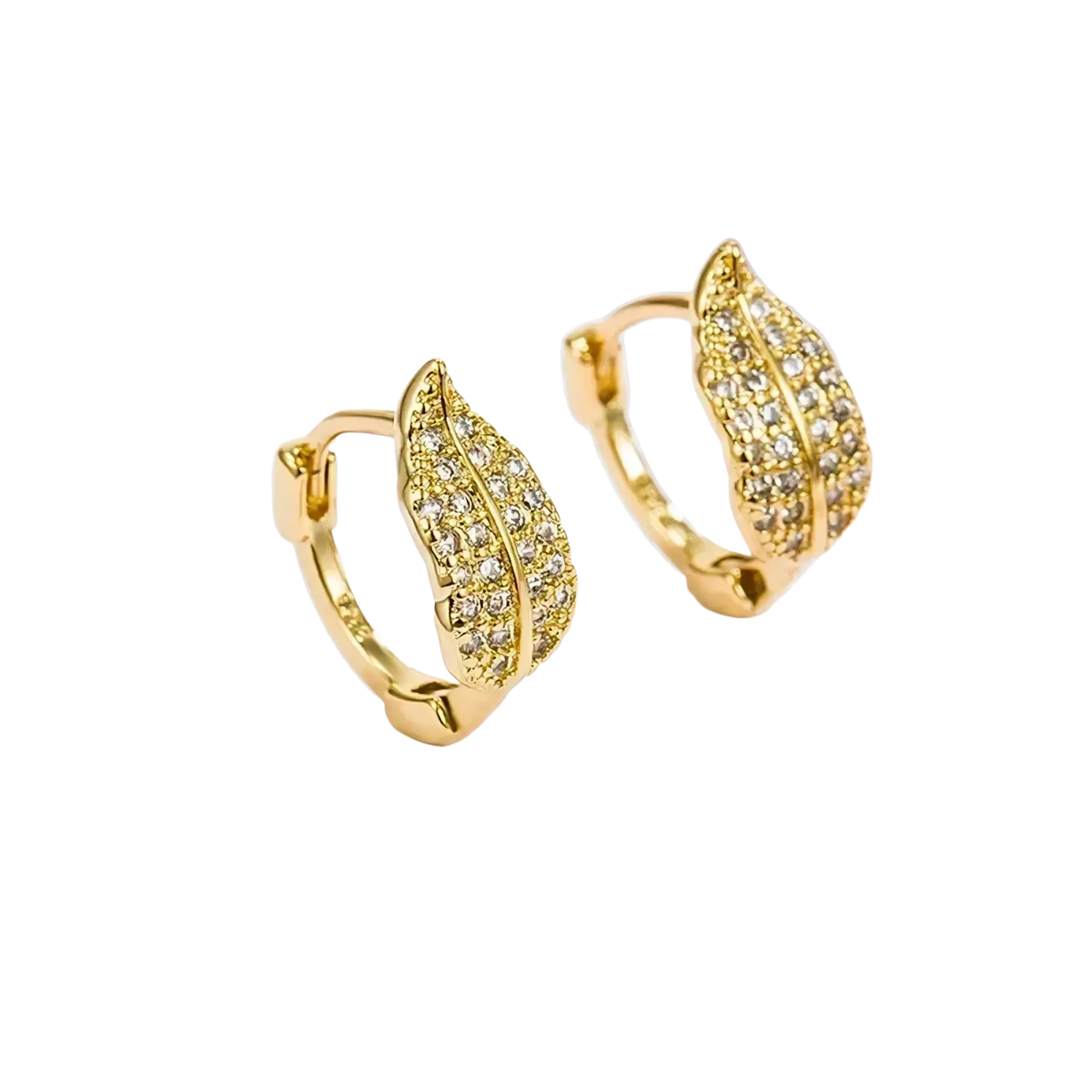 Gold leaf crystal hoop earrings in stainless steel featuring gold color and clear sparkling crystals adornment