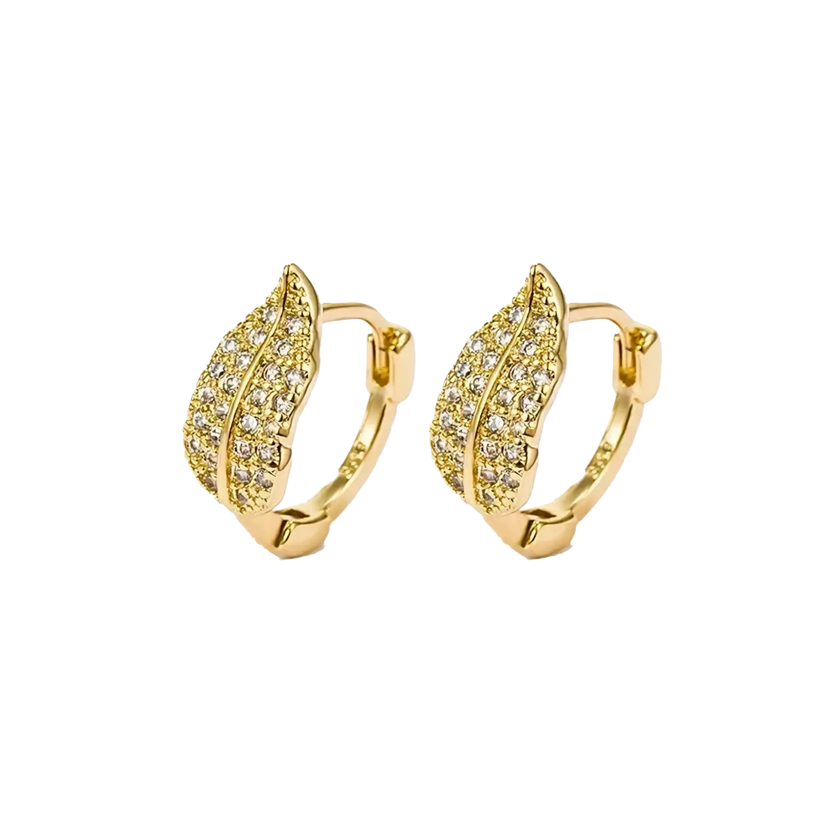 Gold leaf-shaped hoop earrings with sparkling clear crystals made of stainless steel for elegant wear