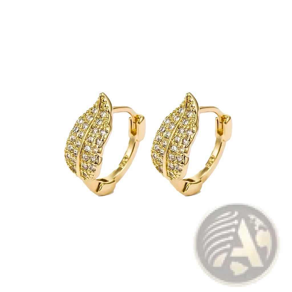 Gold leaf-shaped hoop earrings with sparkling clear crystals made of stainless steel for elegant wear