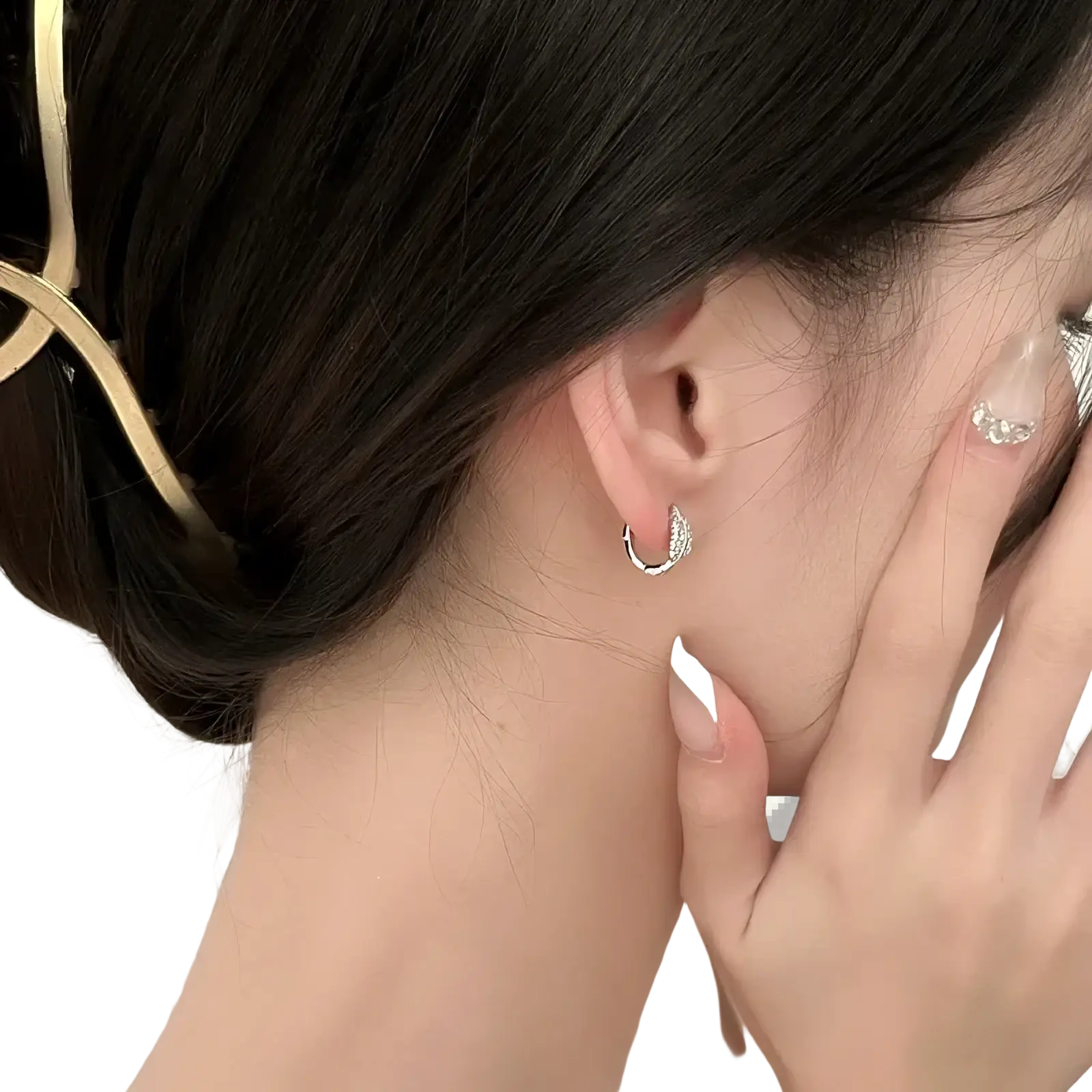 Silver huggie earring with delicate textured surface in gold leaf crystal hoop earrings stainless steel design