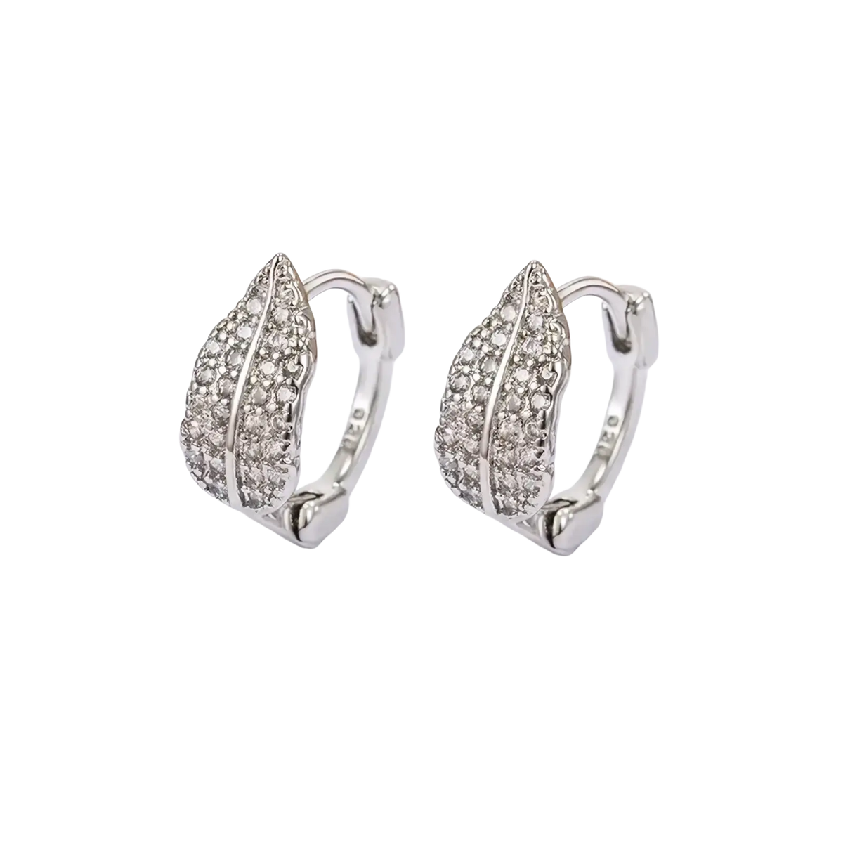 Silver leaf-shaped stainless steel hoop earrings adorned with sparkling clear crystals for elegant wear