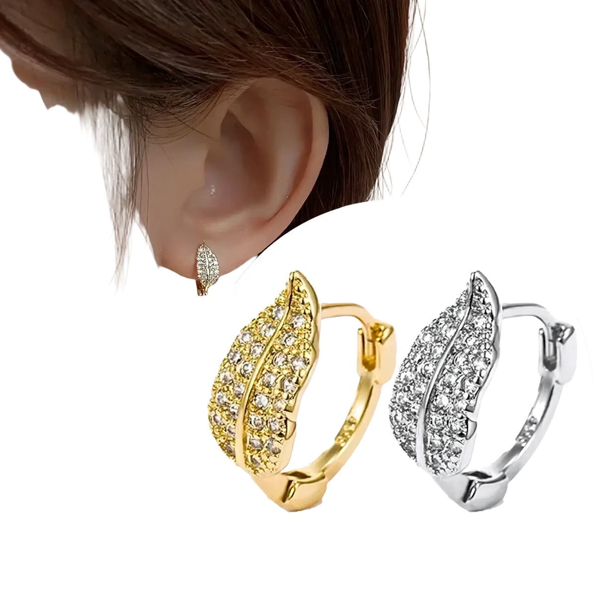 Gold and silver leaf-shaped stainless steel huggie earrings adorned with sparkling rhinestones for elegant wear