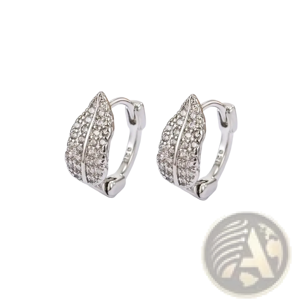 Silver leaf-shaped stainless steel hoop earrings adorned with sparkling clear crystals for elegant wear