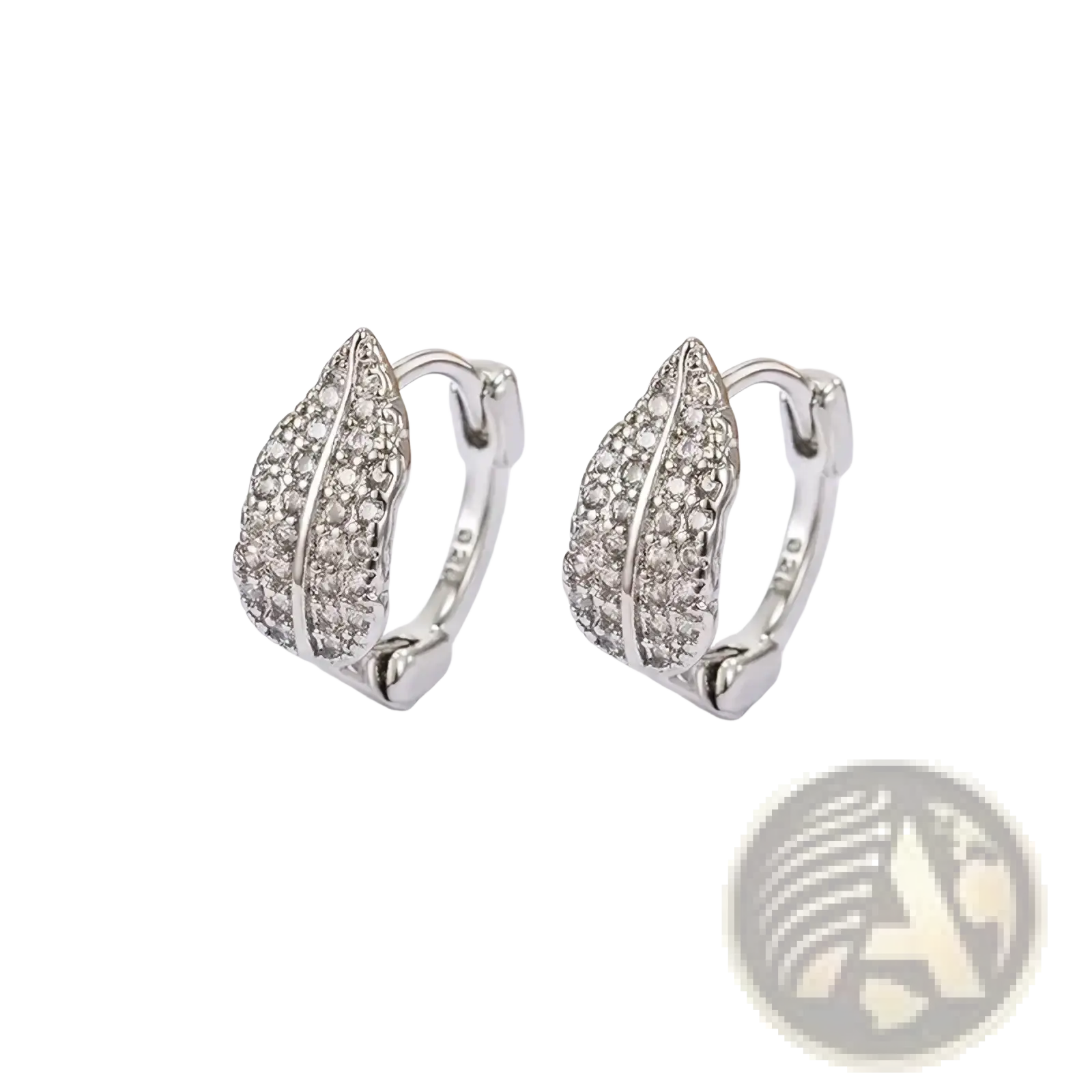 Silver leaf-shaped stainless steel hoop earrings adorned with sparkling clear crystals for elegant wear