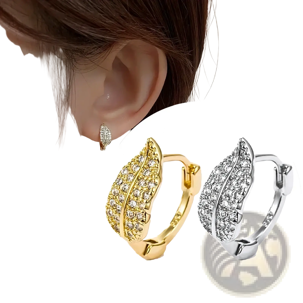 Gold and silver leaf-shaped stainless steel huggie earrings adorned with sparkling rhinestones for elegant wear