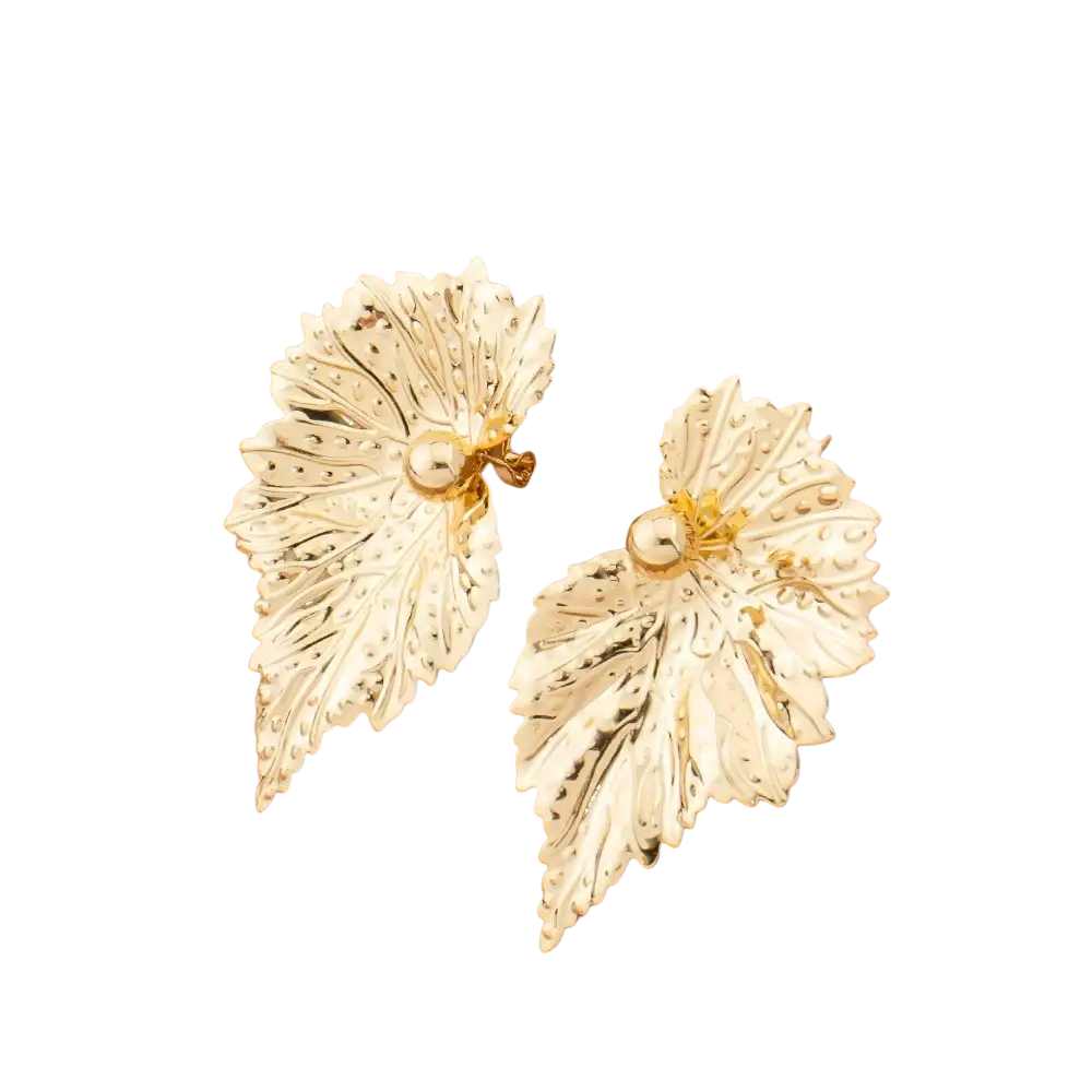 Gold leaf-shaped gold earrings with intricate detailing and a central pearl accent from gold leaf pearl jewelry set